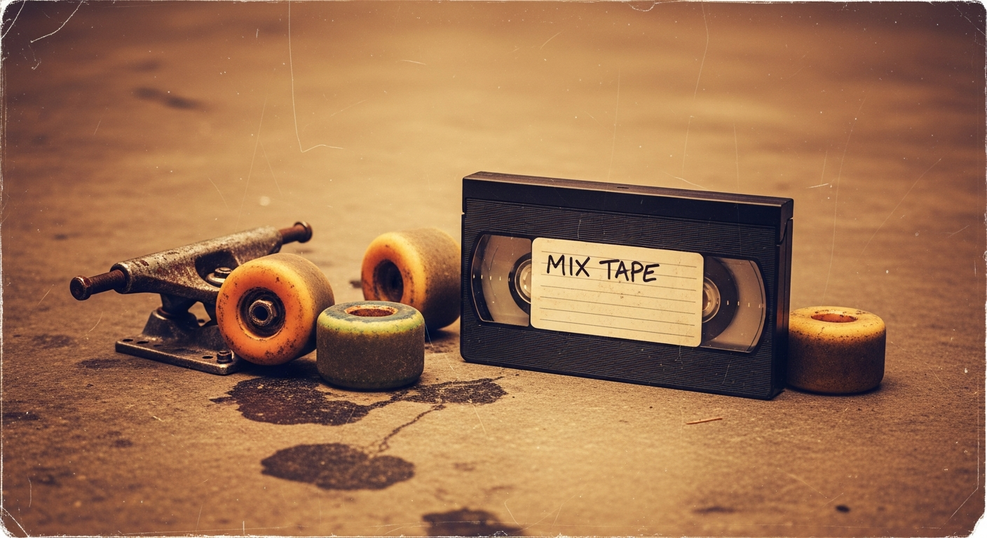 Vintage 1984 VHS cassette with retro Bones Brigade style skateboard wheels