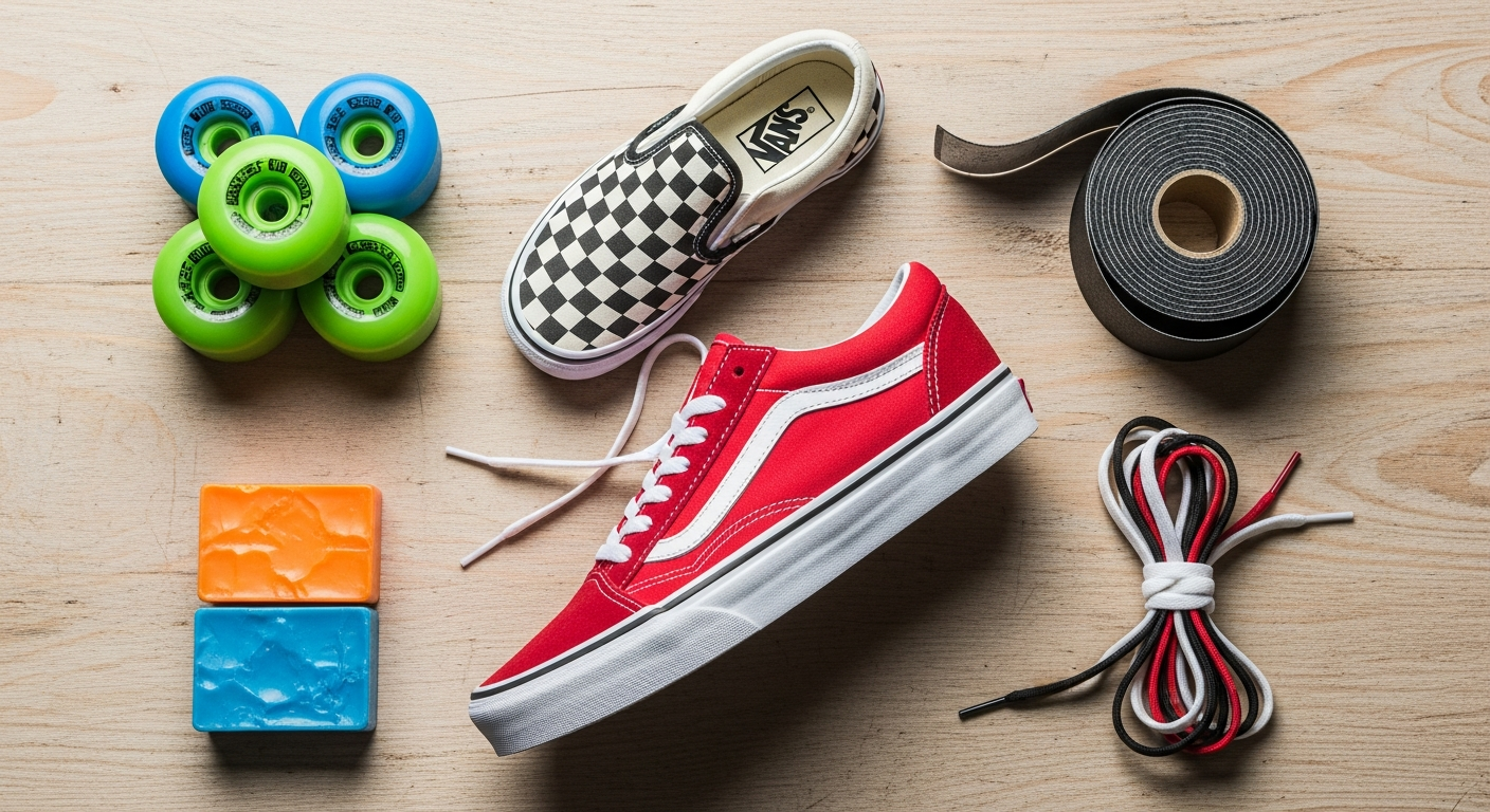 Skateboarding accessories and shoes in flat lay on wooden surface