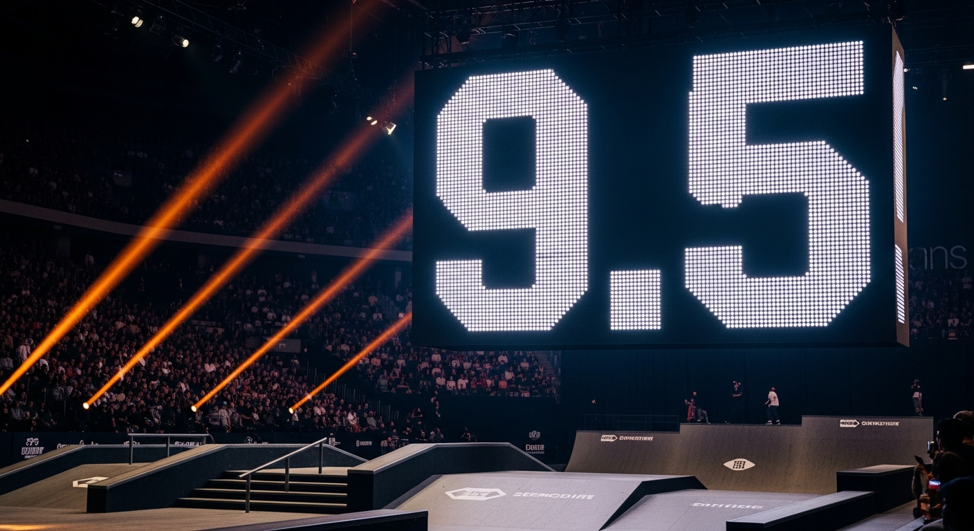 Score 9.5 displayed at SLS Sydney 2026 historic skateboarding record