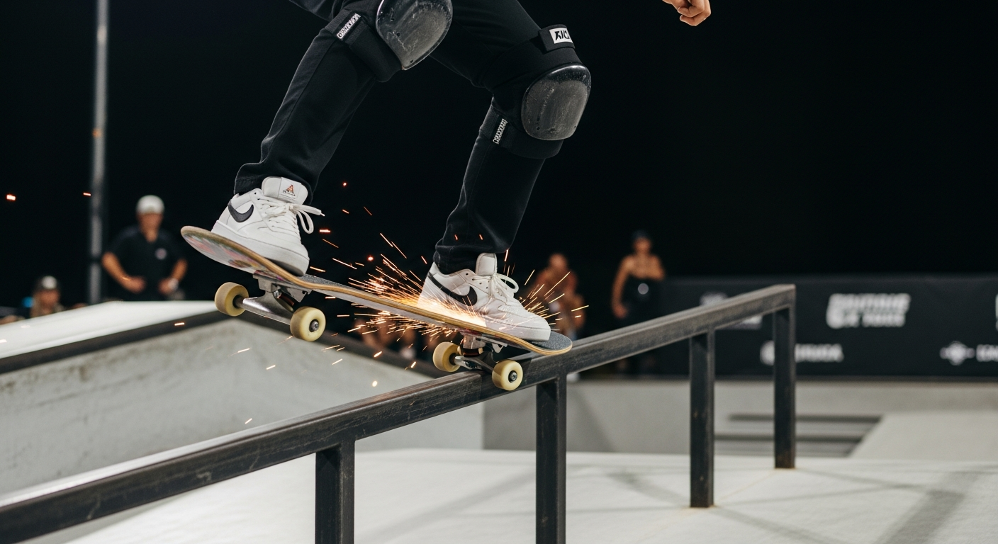 Skateboarding grind trick on rail SLS Sydney 2026 competition