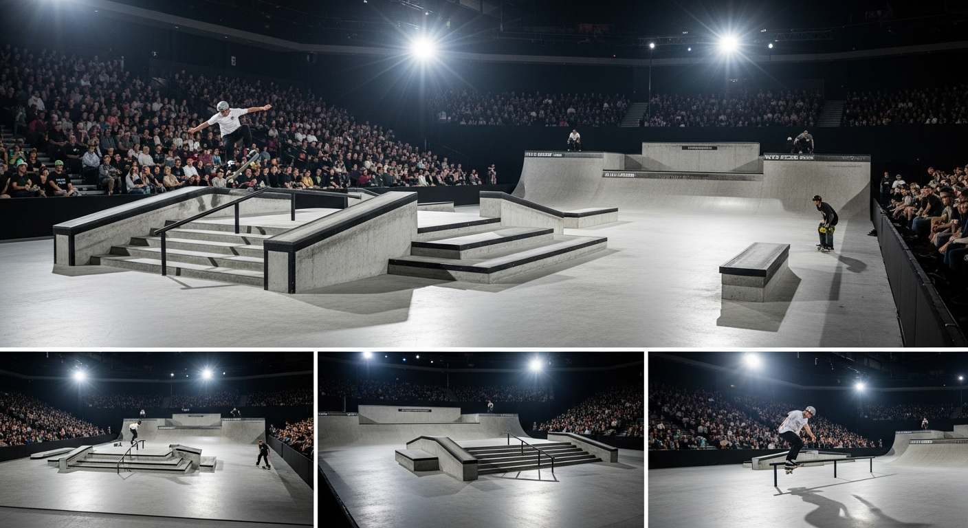 SLS Sydney 2026 street course arena lit up with rails, ledges, and stairs