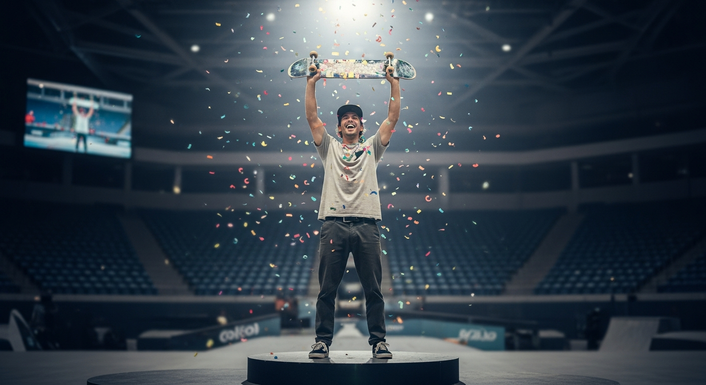 Skateboarder celebrating his victory on the SLS Sydney 2026 podium with confetti