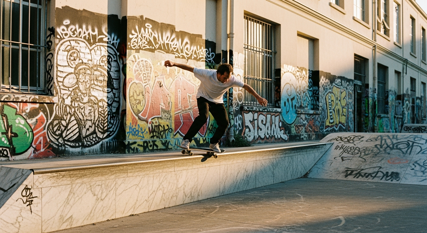 Skater doing a nosegrind on a marble ledge in the Friche Belle de Mai district of Marseille