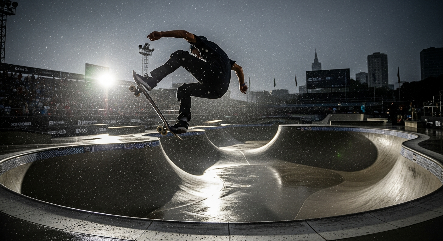Sky Brown réalisant un aerial dans le bowl lors du championnat du monde de park skateboarding São Paulo 2026