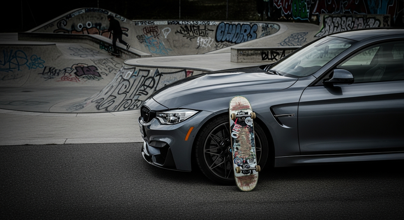 BMW M garée devant un skatepark urbain avec skateboard posé contre la roue - partenariat luxe automobile et street skateboarding