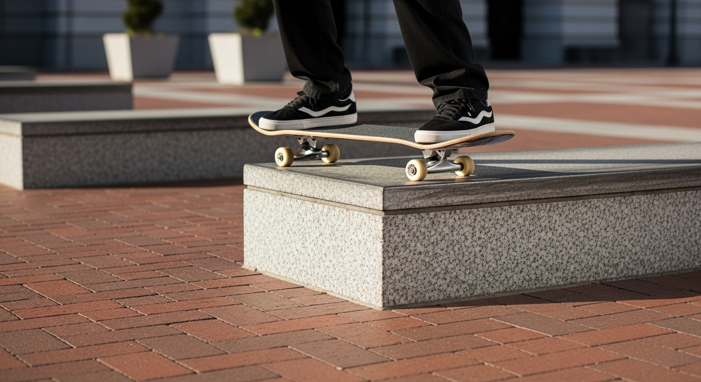 Les ledges en brique rouge de l'EMB, pavés patinés par des milliers de sessions street skateboarding