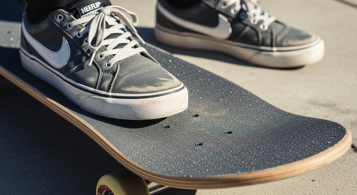 Placement des pieds pour le heelflip, vue du dessus, pied avant près des vis avec orteils qui dépassent