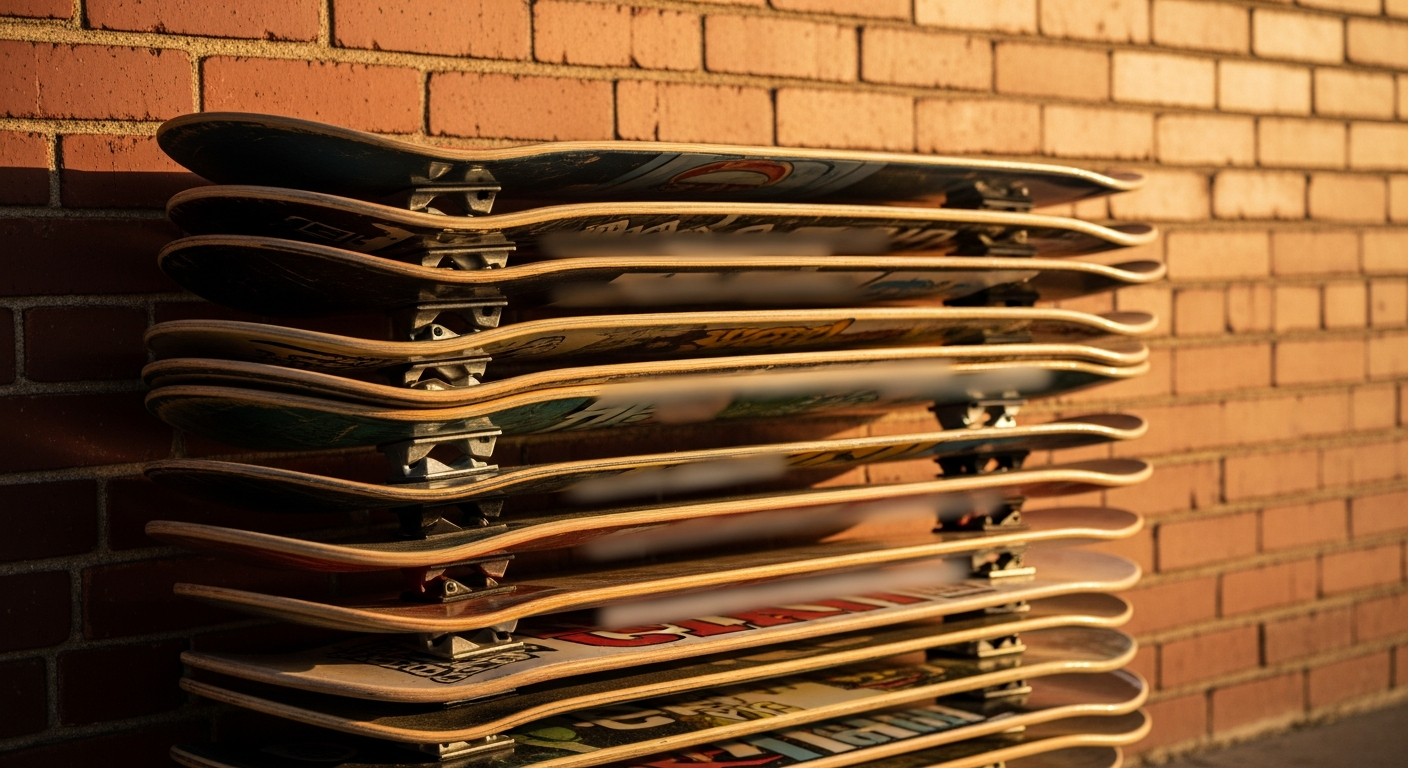 Pile de planches de skate de différentes largeurs dans un skate shop - choisir sa largeur de deck