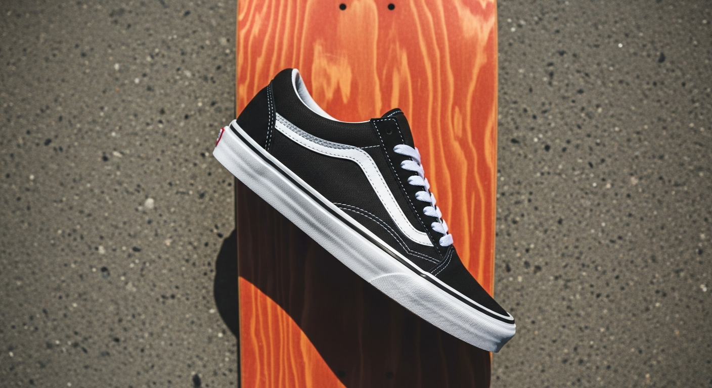 Chaussure Vans Old Skool posée sur une planche skate - démonstration largeur deck pointure