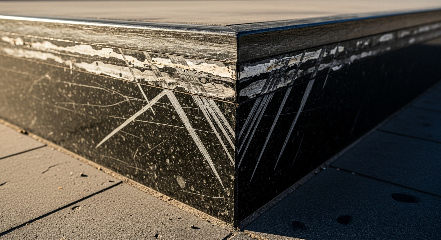 Ledge granit noir MACBA Barcelone traces de wax grind skate