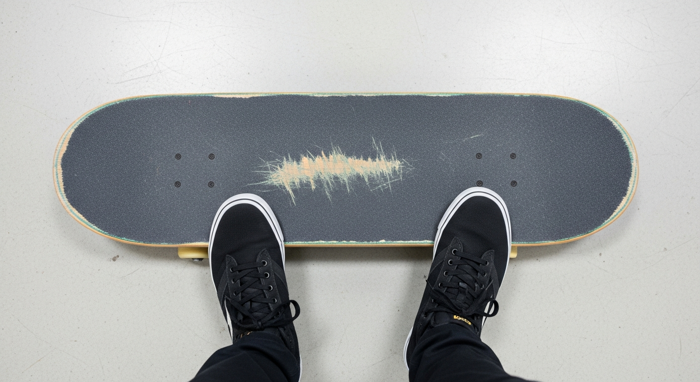 Position des pieds pour le manual en skate, vue de dessus, pied arriere sur le tail pied avant aux vis