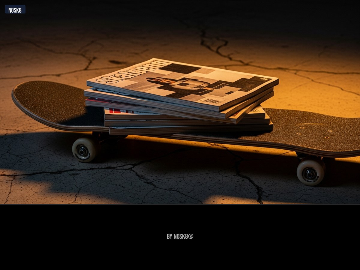 Pile de magazines de skate posée sur un deck noir usé, lumière chaude