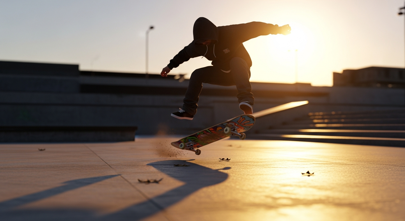 Skateur en pleine rotation frontside 180, epaules en avance sur la planche, illustration de la mecanique du trick