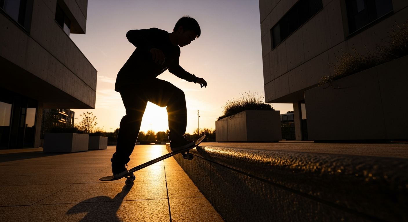 Skateur coréen en street skating sur ledge béton, style précis et technique