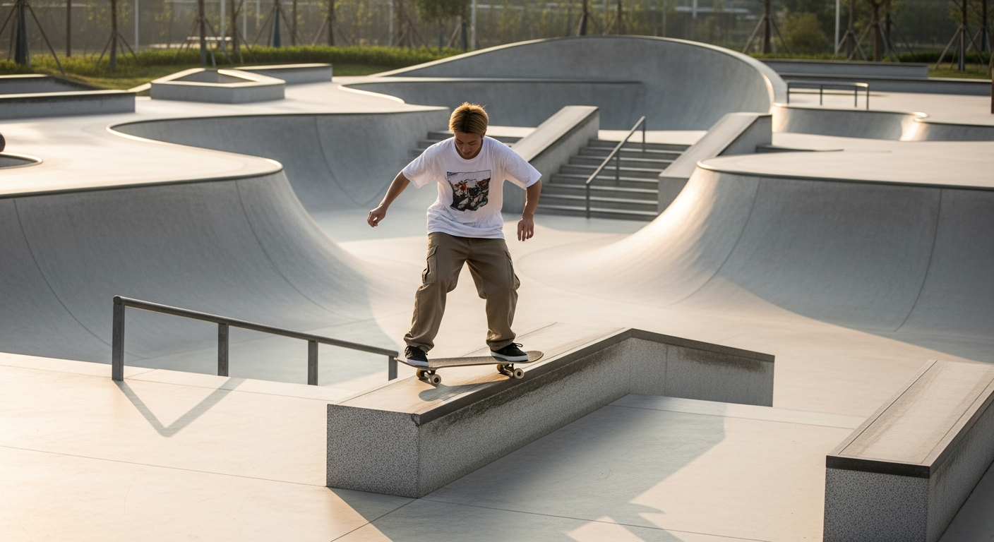 Skatepark moderne en béton avec bowl et ledges, environnement de competition park asiatique
