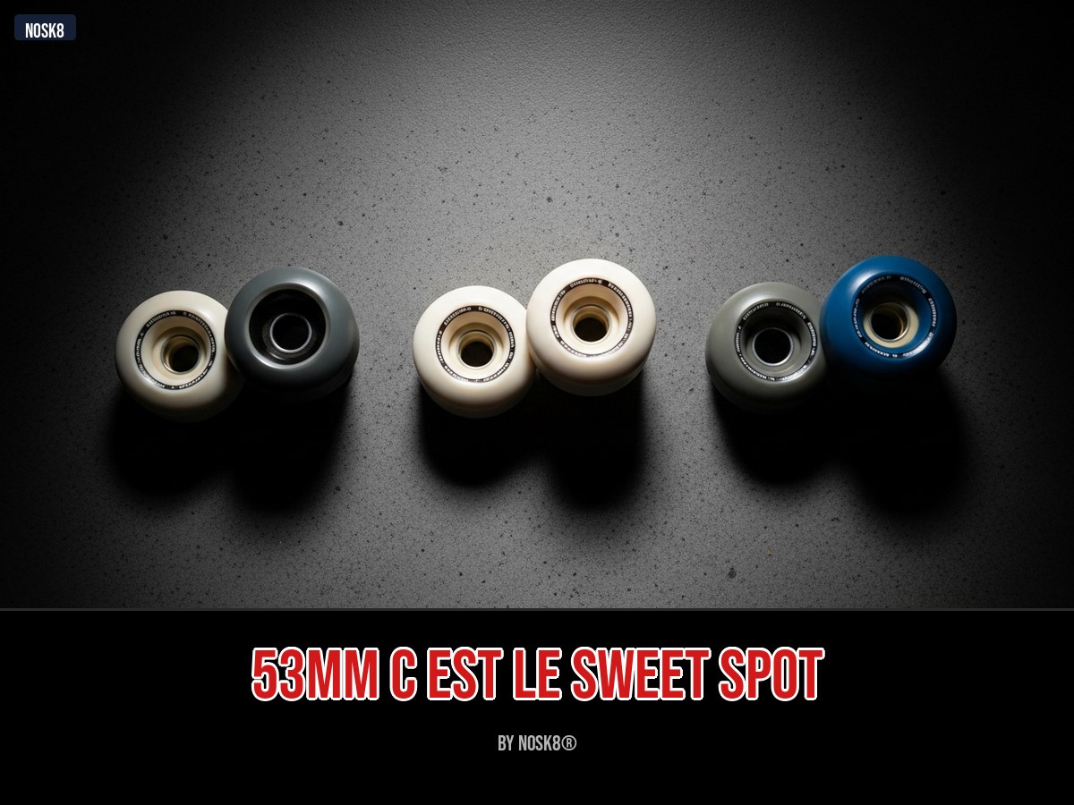 Comparaison de trois tailles de roues skate 50mm 53mm et 56mm posées côte à côte