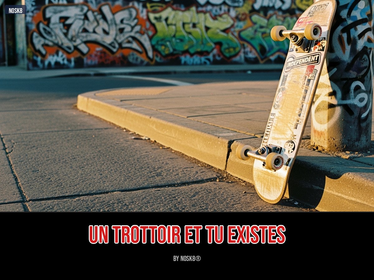 Trottoir urbain bas avec skateboard appuyé contre la curb — un spot slappy 2026