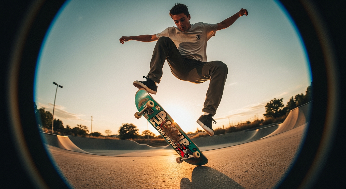 Image VHS d'un skateboard frontside flip années 90, grain pellicule, ambiance Sorry Flip Skateboards