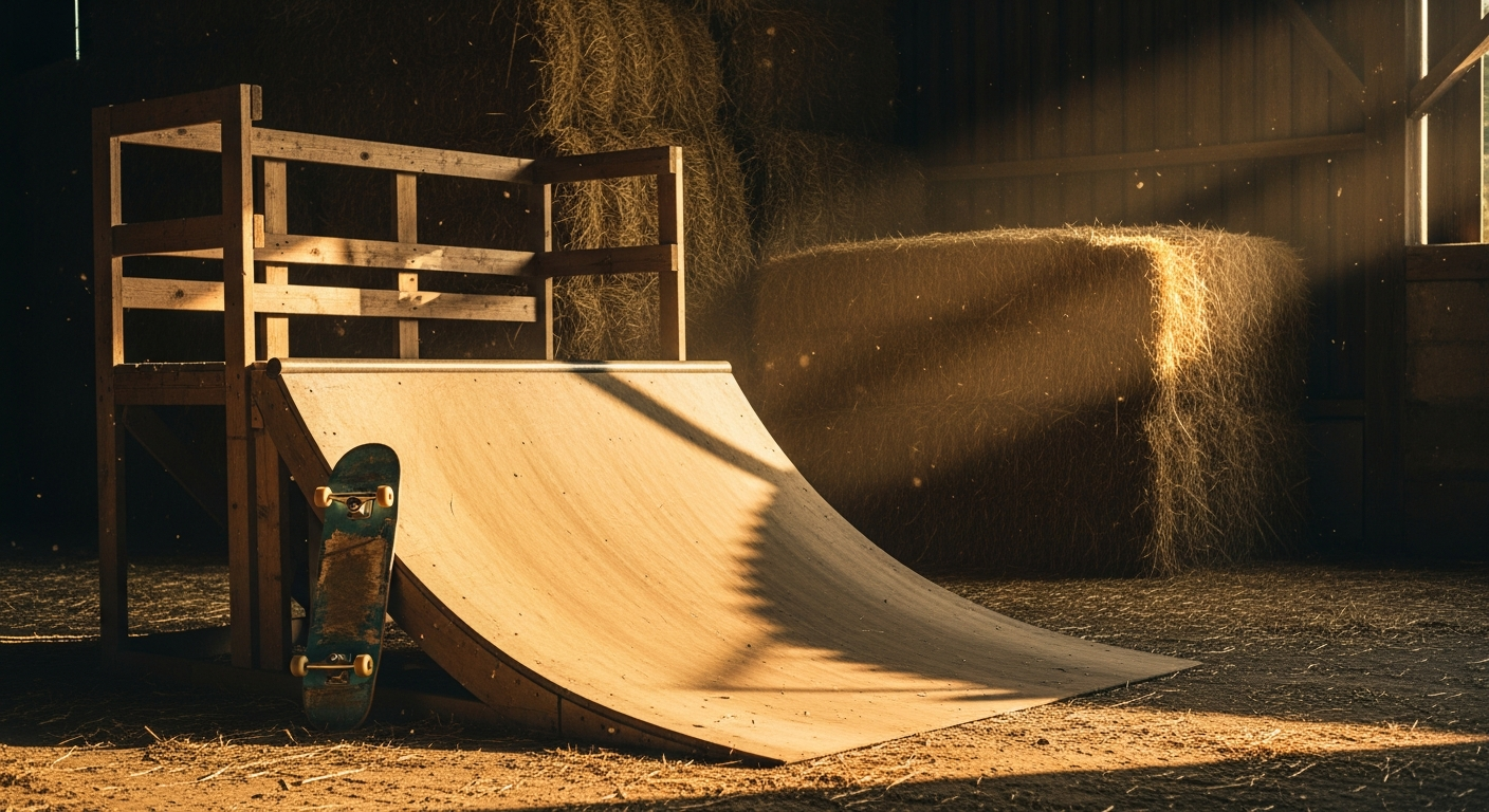 Mini-ramp en bois dans une grange française abandonnée, lumière dorée d'après-midi, ambiance vintage