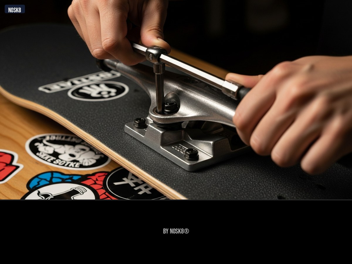 Mains assemblant un skateboard avec une clé Allen sur la visserie hardware