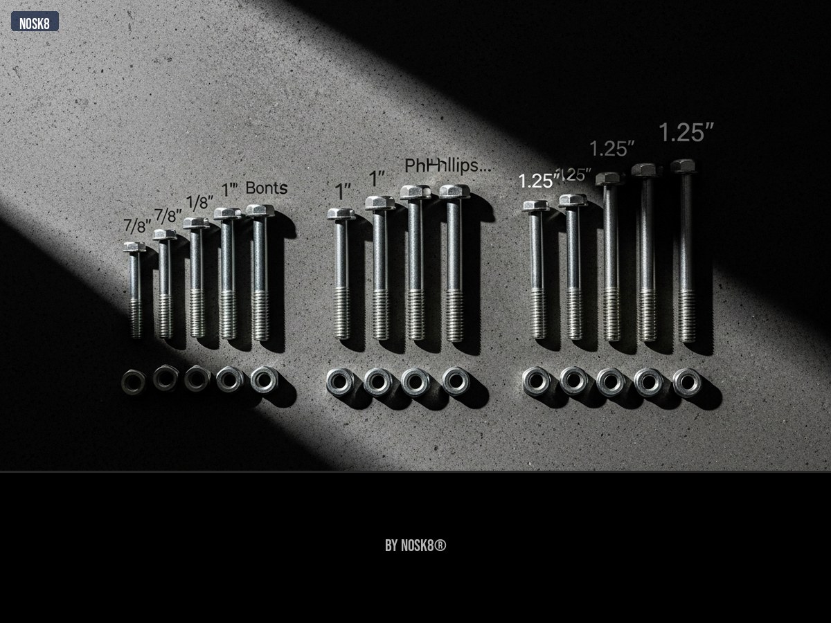 Différentes tailles de visserie skateboard 7/8 1 pouce 1.25 pouce flat lay