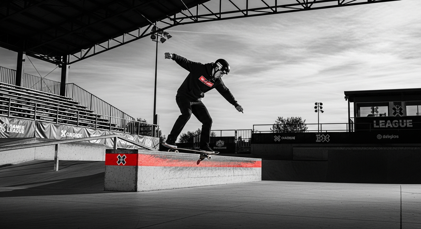Skateur en action lors d'un event X Games League 2026 — compétition de street skating