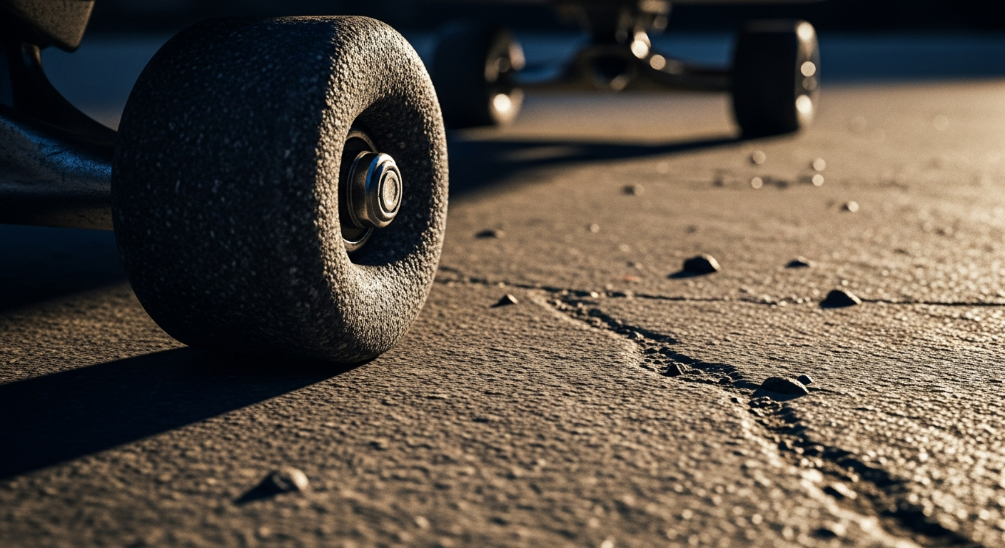 Roue de skateboard roulant sur asphalte rugueux avec texture visible