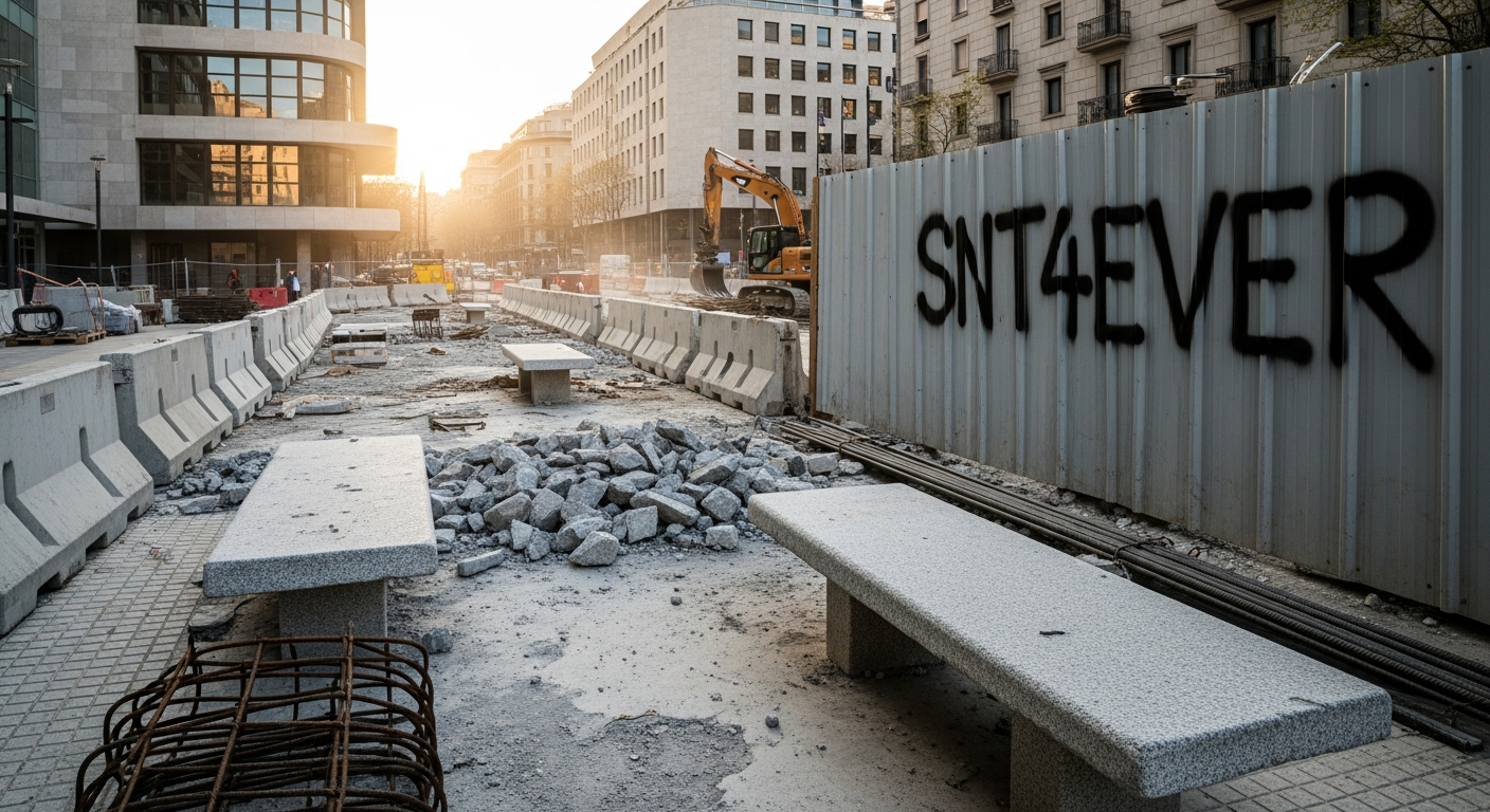 Chantier de rénovation de la Plaça dels Països Catalans Barcelone, bancs en granit partiellement démolis