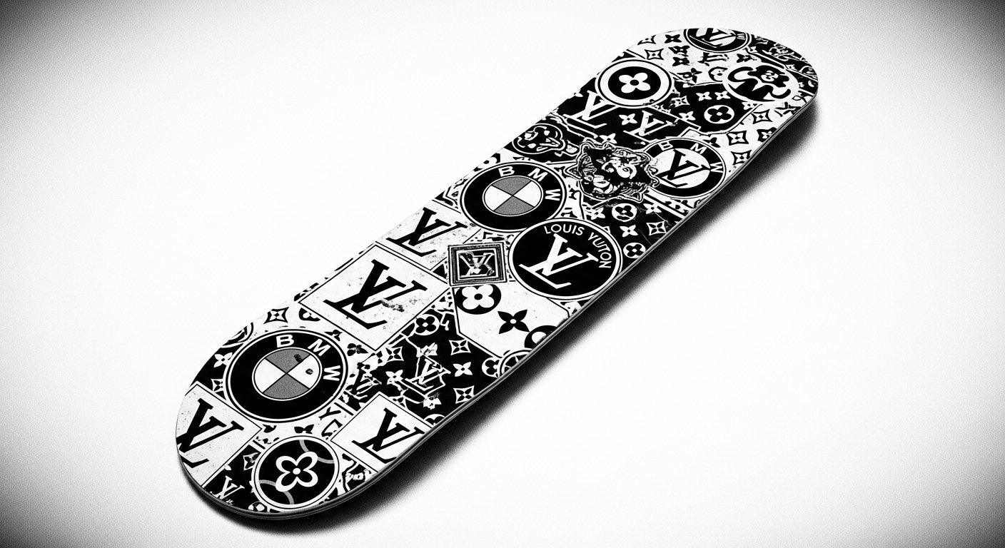 Planche de skate recouverte de logos luxe style zine noir et blanc - critique visuelle de la corporatisation du skateboarding