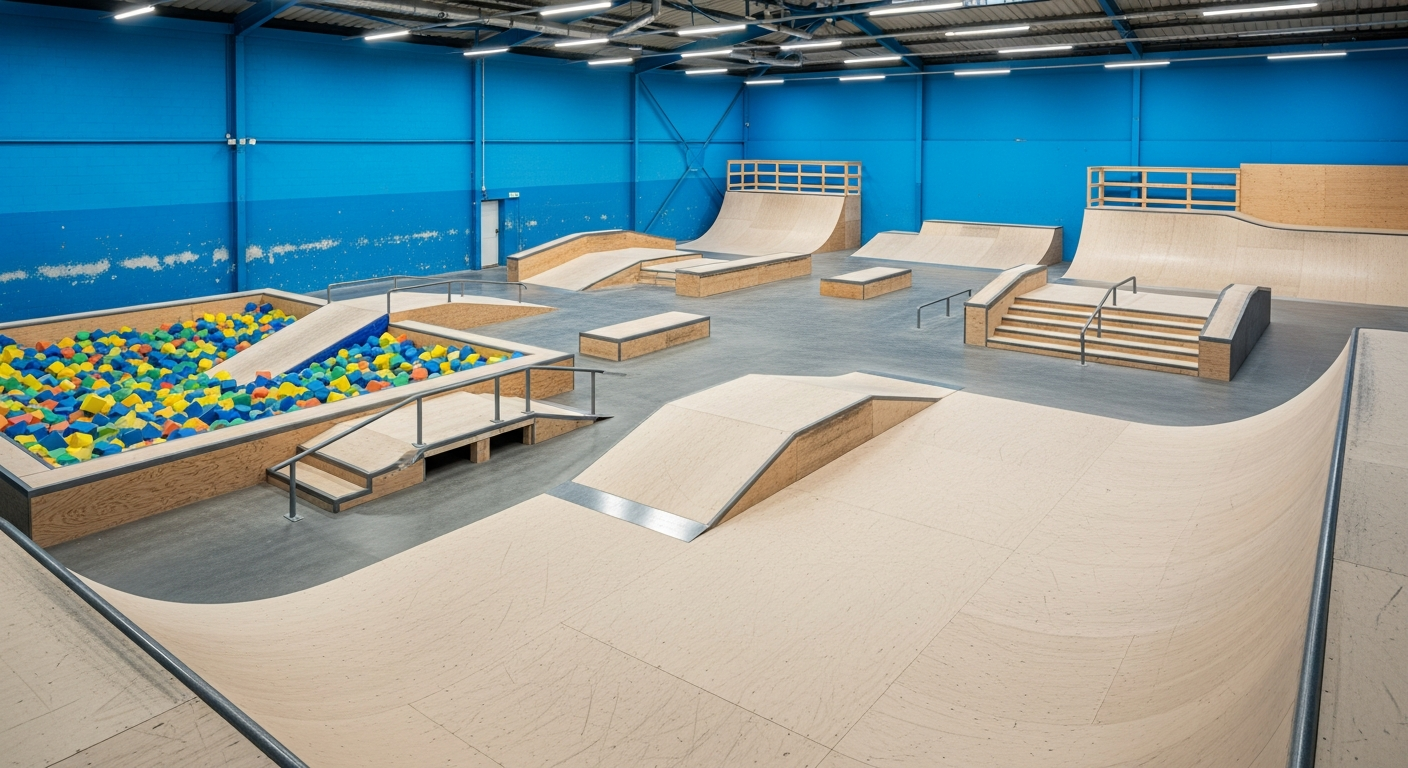 Indoor skatepark France wooden ramps beginner initiation zones