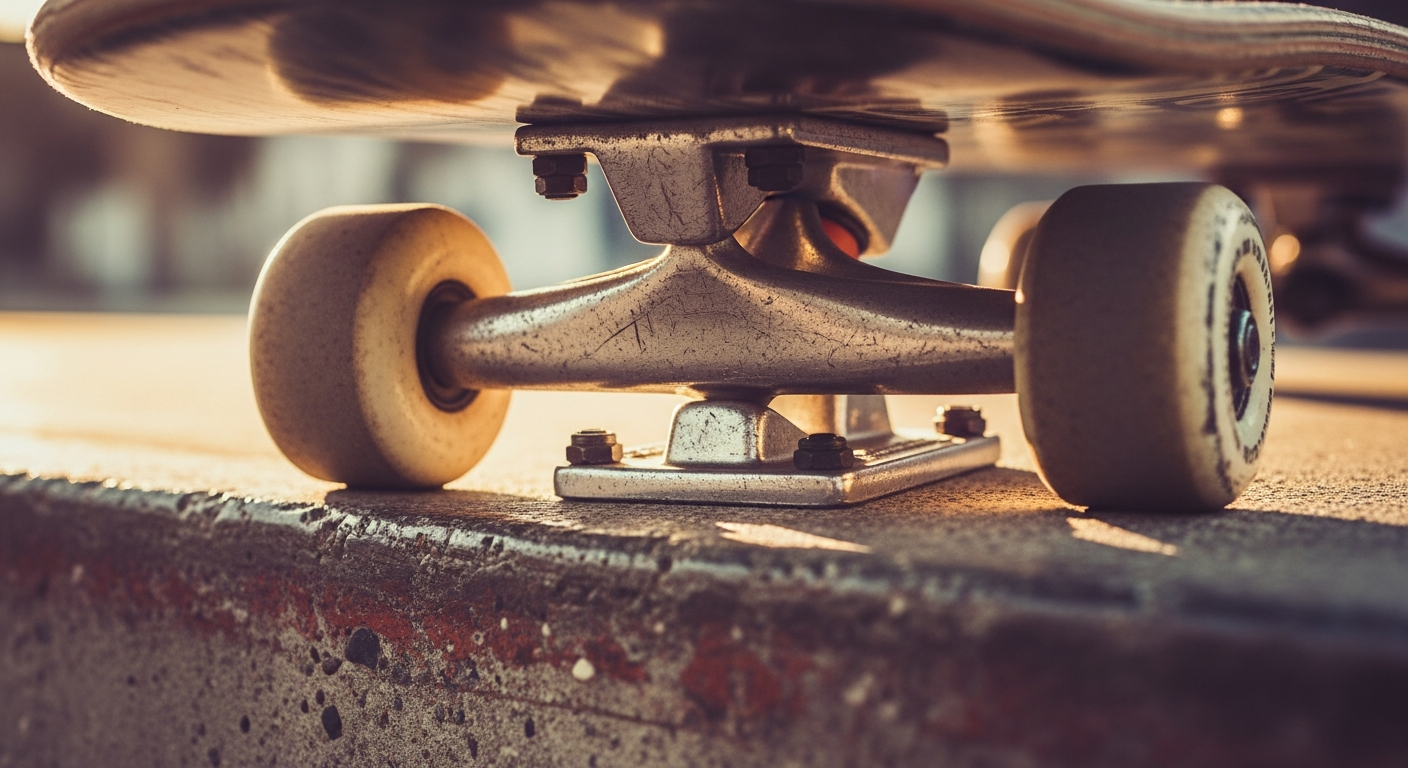 Trucks et roues de skateboard en gros plan sur un ledge en béton, éclairage urbain chaud
