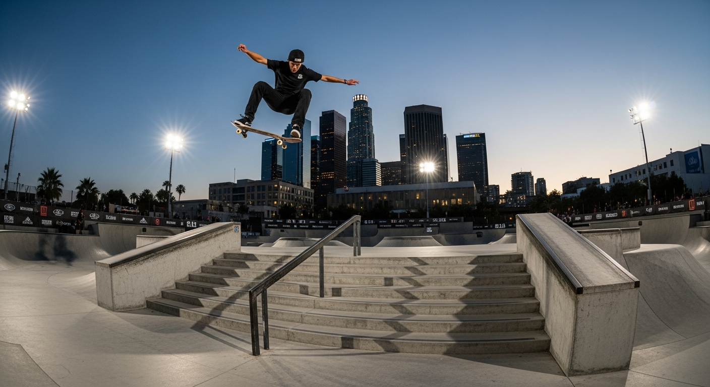 Action street skateboarding SLS DTLA 2026 stair set Downtown Los Angeles