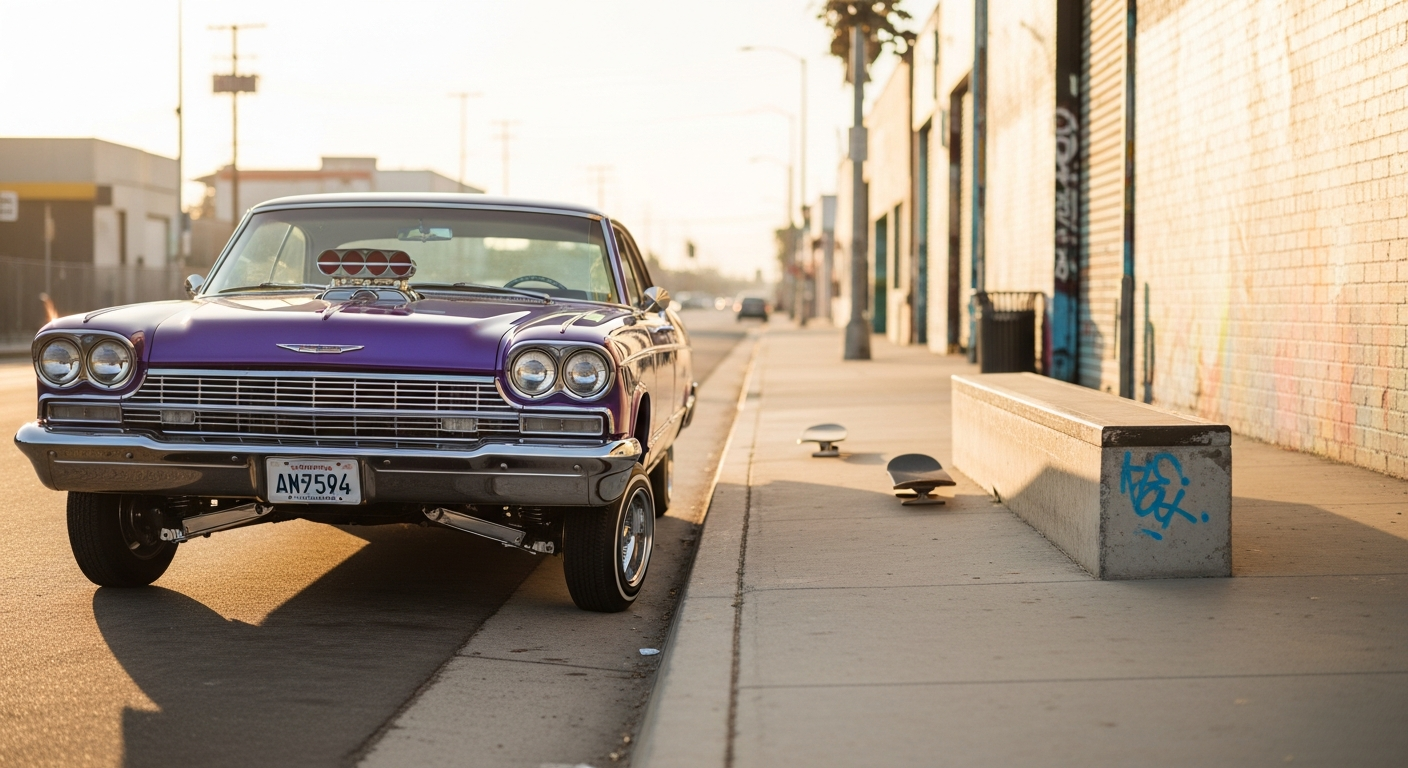 Lowrider custom gare pres d un ledge skateboard Downtown Los Angeles culture street