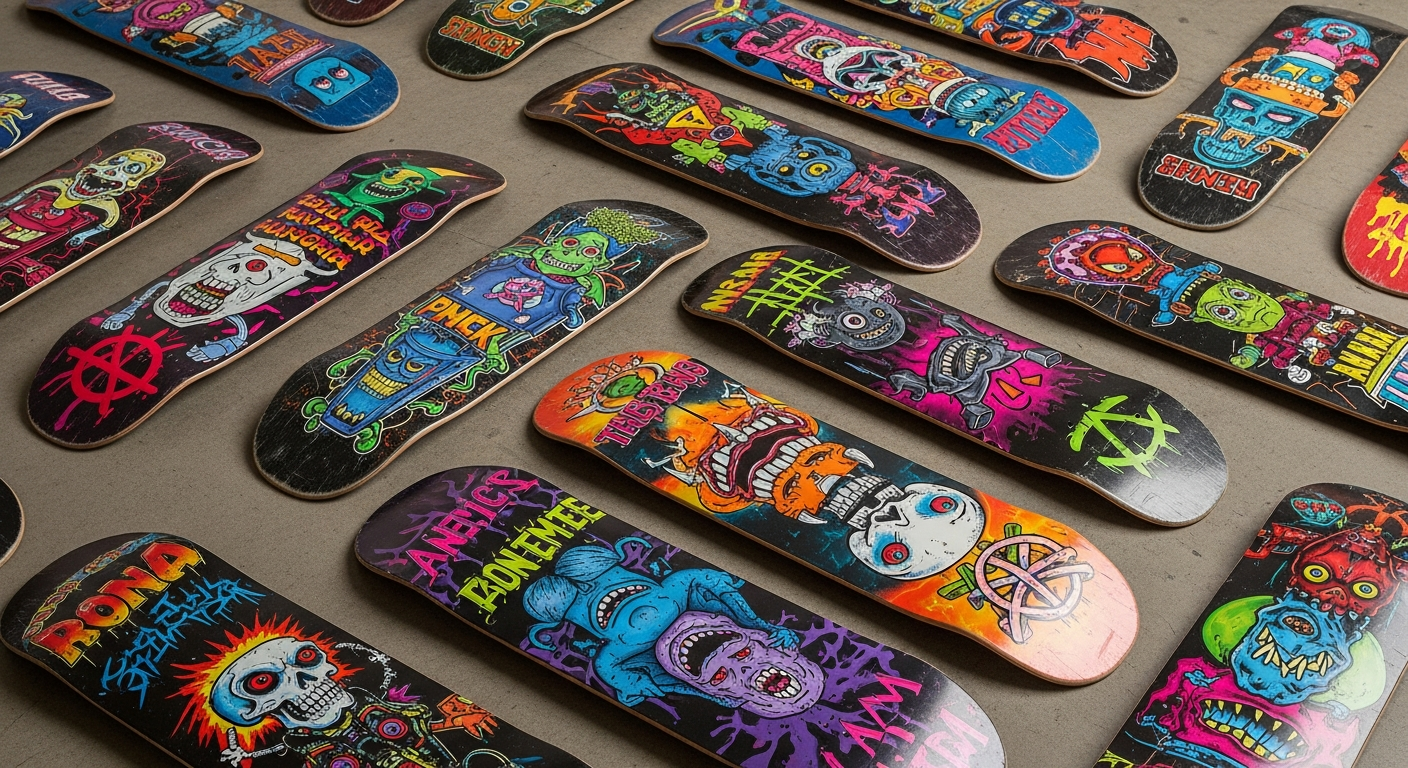 Planches skateboard World Industries années 90 graphiques colorés Marc McKee