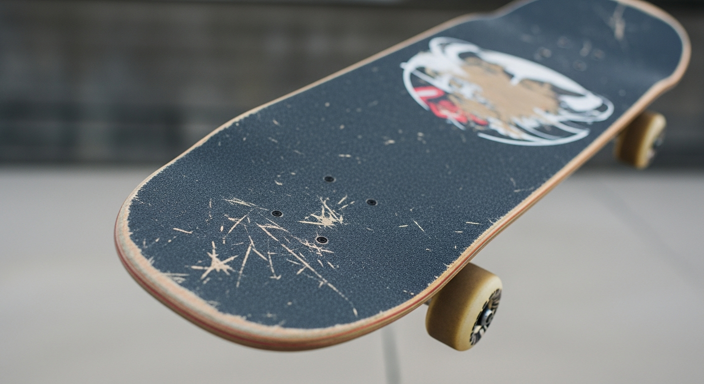 Macro photo d'un skateboard en pleine rotation tre flip, board upside down avec grip tape et graphique visibles pendant la combinaison kickflip et 360 shove-it