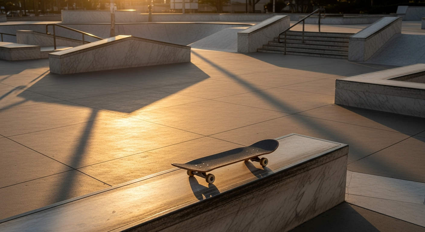 Spot urbain skate plaza au coucher de soleil avec skateboard posé sur ledge en marbre, idéal pour s'entraîner aux tre flips
