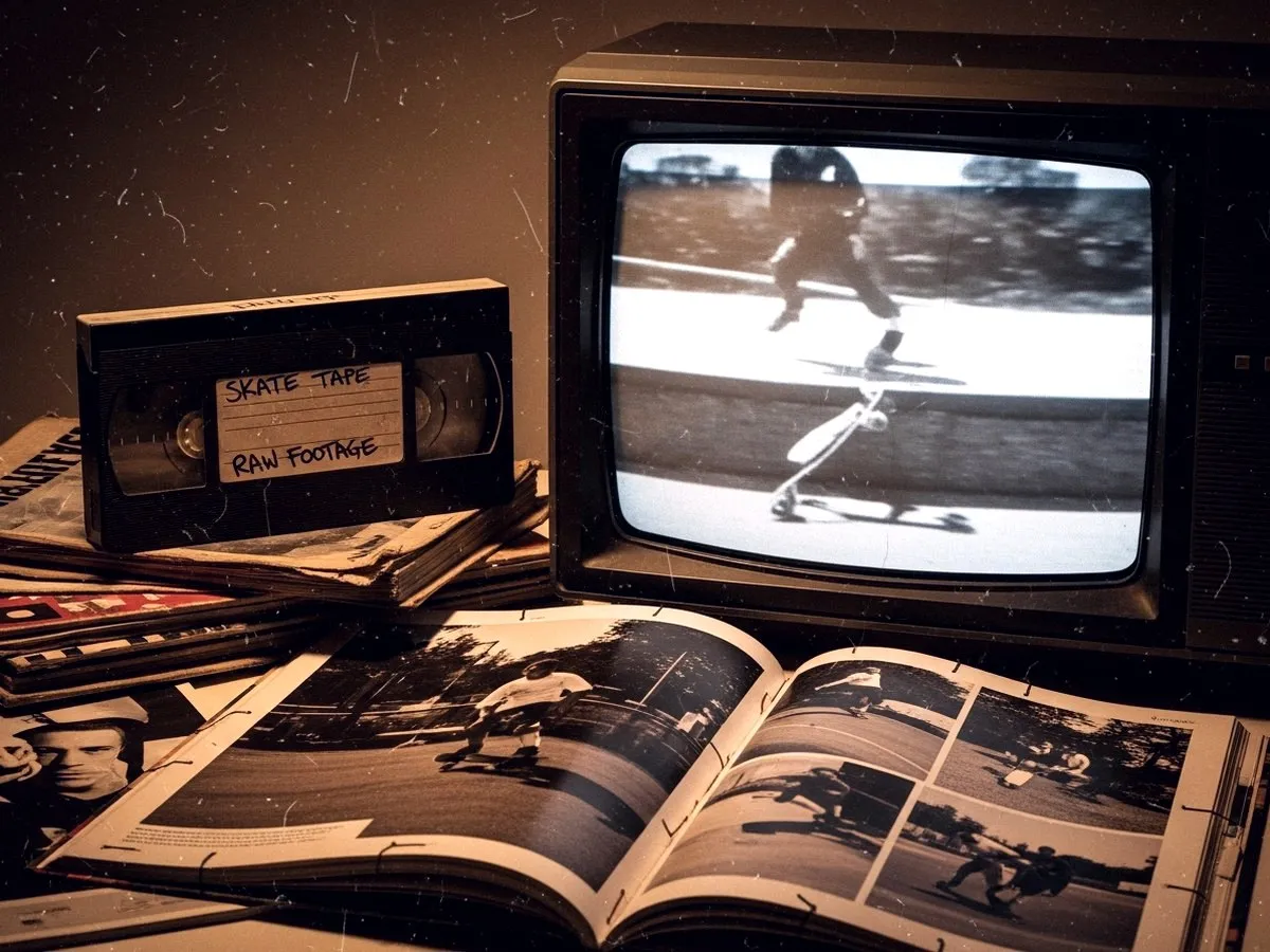 Culture VHS skateboarding années 90 — télévision cathodique et cassette, ambiance 411 Video Magazine