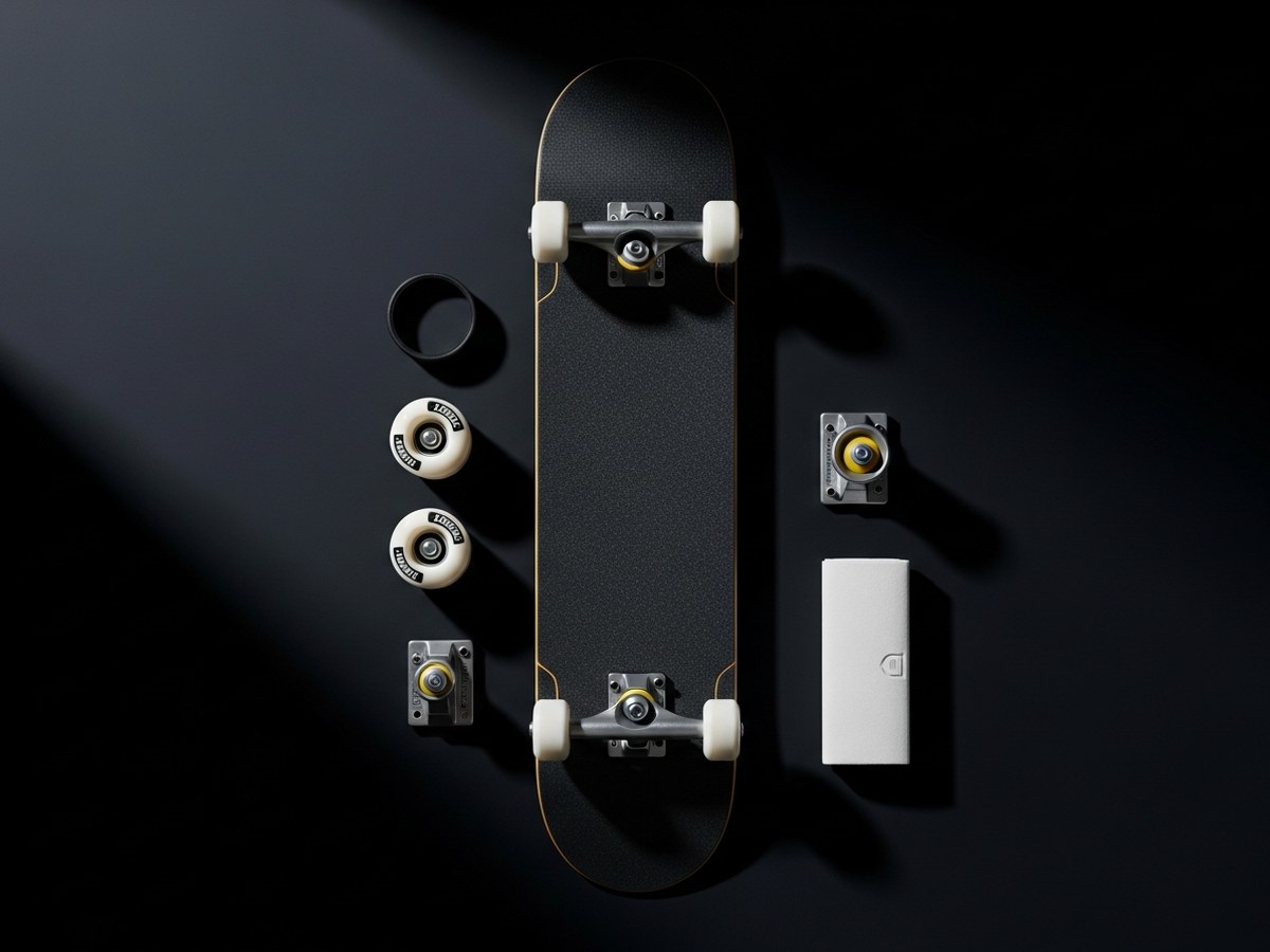 Setup skateboard complet pour débutant — deck, trucks, roues