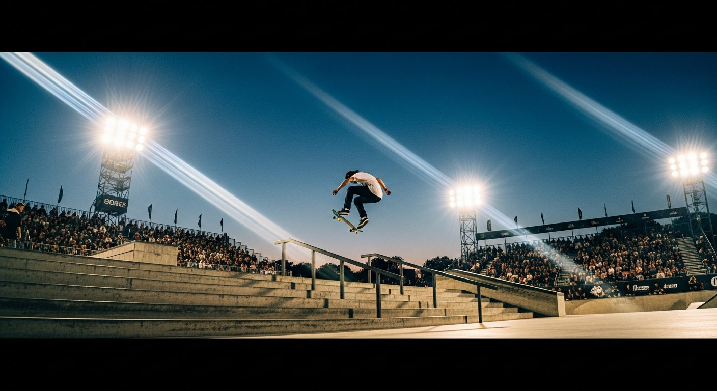 Skateur en plein saut au-dessus d'un escalier de contest, sous les projecteurs d'un stade