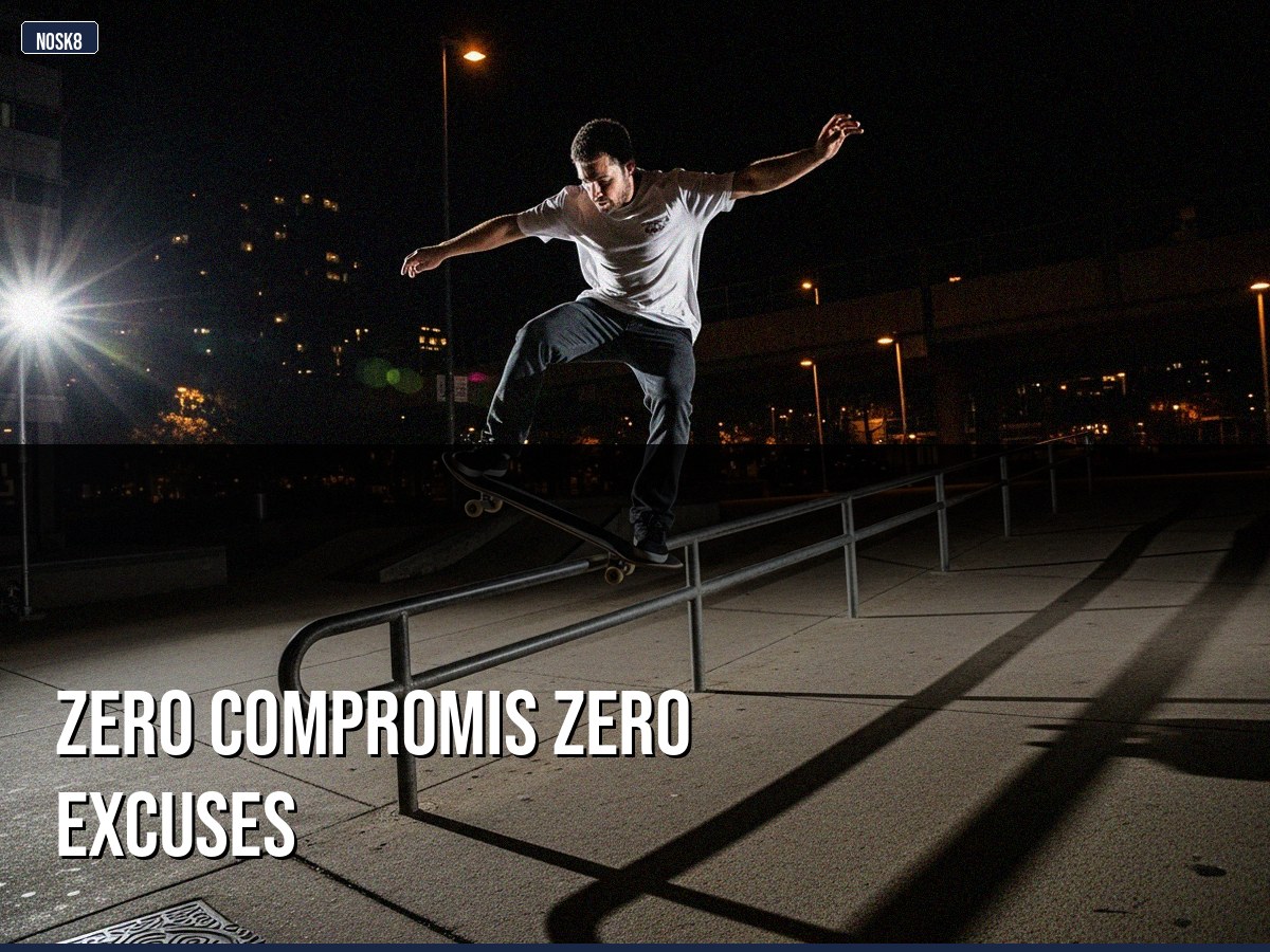 Style de skate street puissant, nosegrind sur handrail urbain, hommage à la philosophie Zero Skateboards