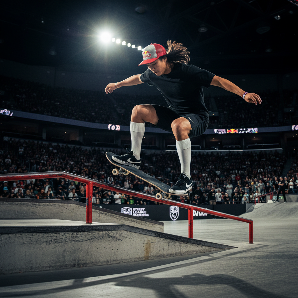 Juni Kang doing a kickflip mid-air on a rail during SLS Miami 2026