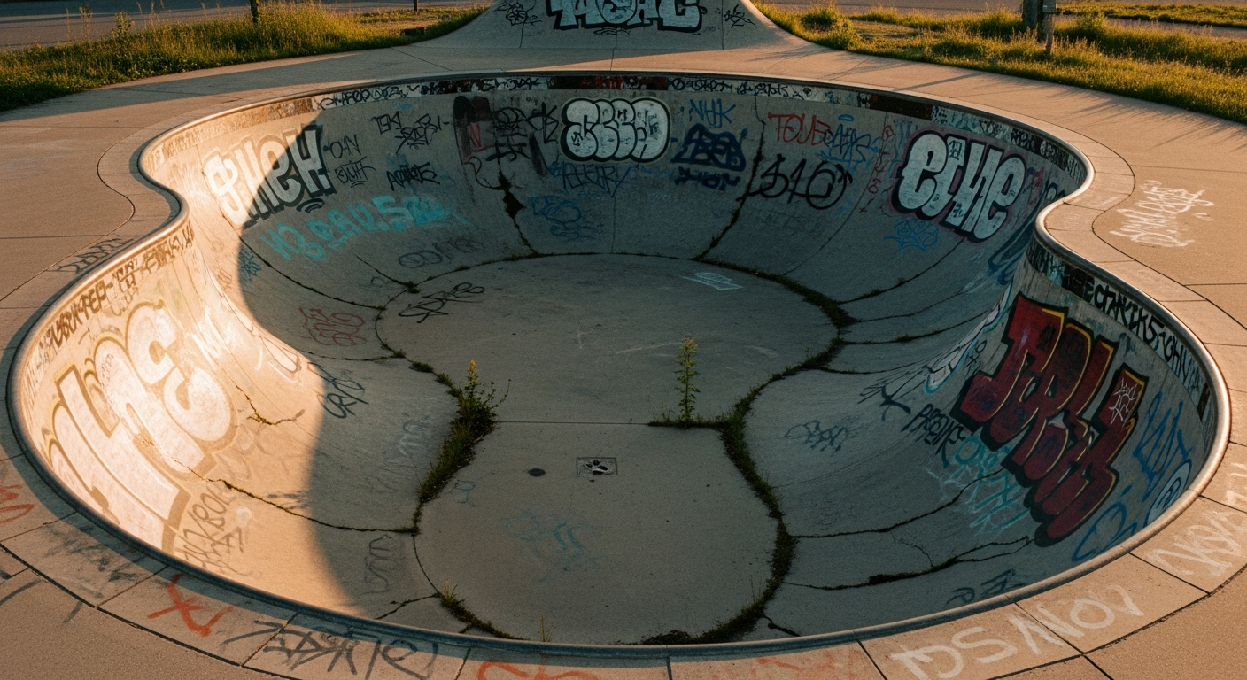 Bowl béton vide skatepark, longues ombres dorées — spots skate culture