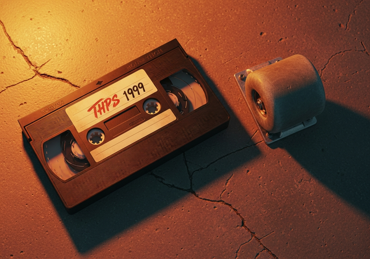VHS cassette skate 90s, roue de skateboard sur béton — nostalgie culture skate