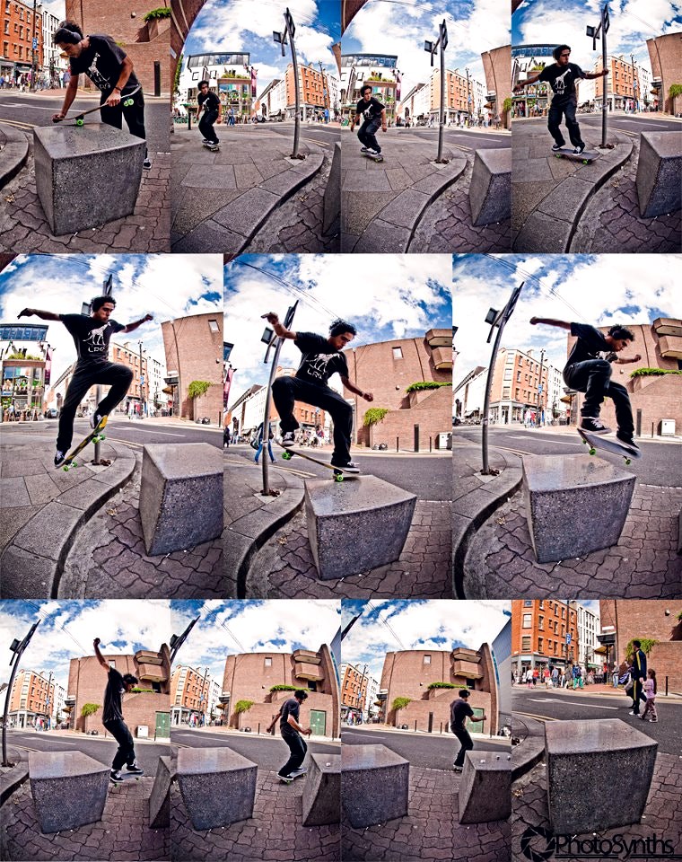 Séquence complète d'un frontside nosegrind sur un bloc de granit : approche, pop, lock du truck avant, sortie