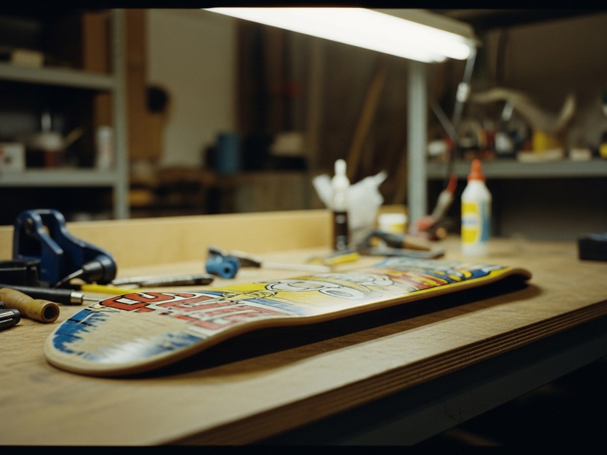 Planche Alien Workshop posée sur un établi d'atelier, ambiance vintage 90s