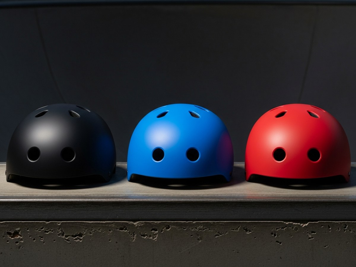 Trois casques de skate colorés côte à côte, noir, bleu électrique et rouge, style low-profile