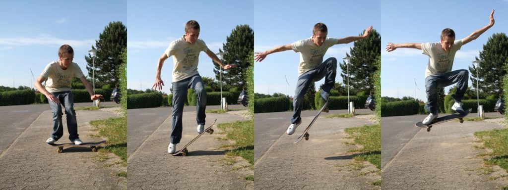 Décomposition d’un ollie en quatre temps : épaules parallèles à la planche, pop du tail, balayage du pied avant, planche à plat
