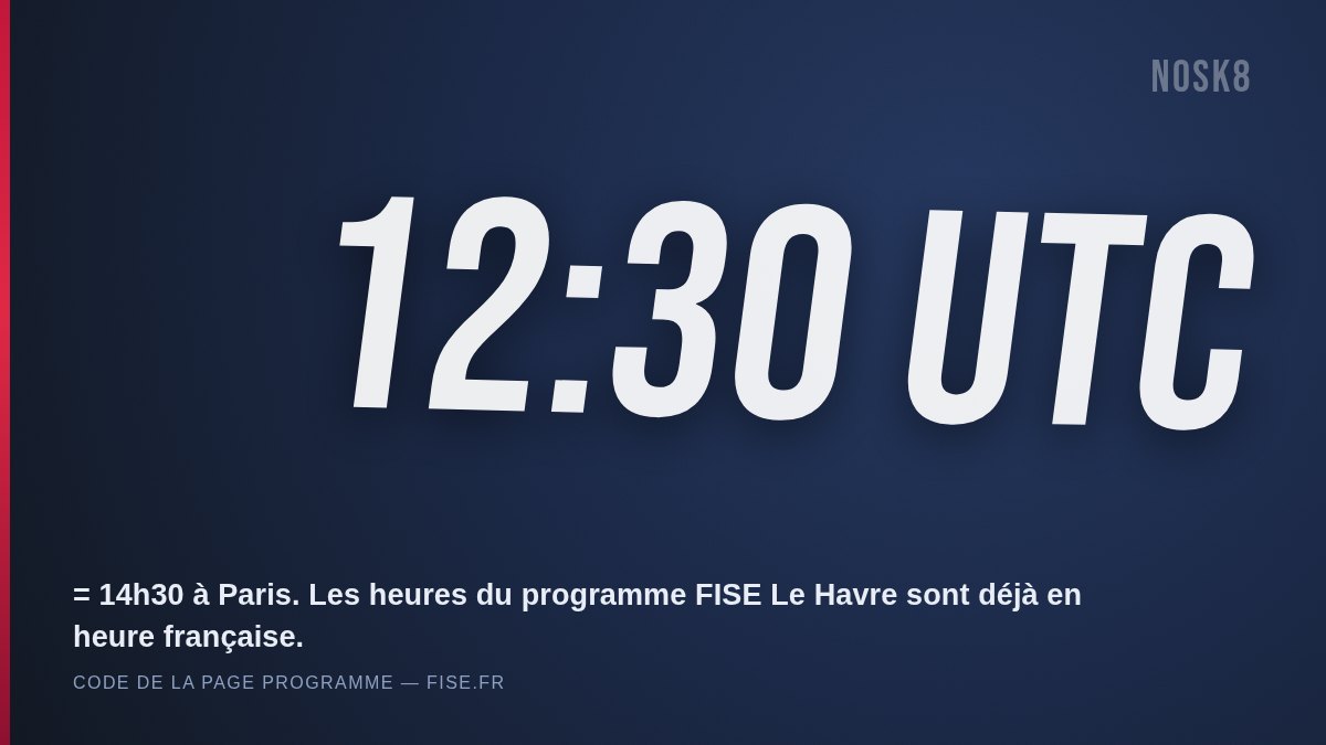 Programme FISE Le Havre 2026 : l’étiquette UTC trompe, 12:30 UTC = 14h30 à Paris, heures déjà en heure française