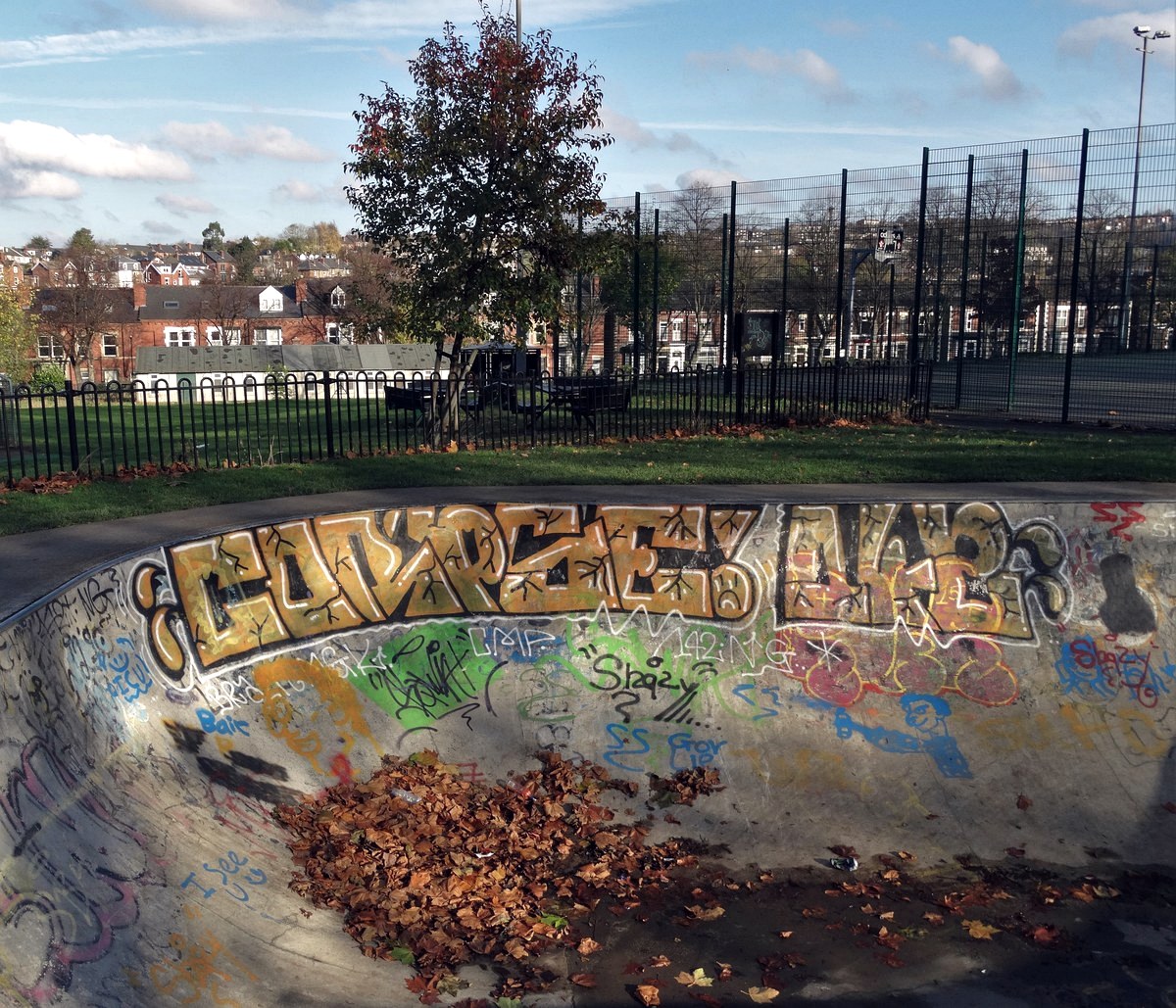 Bowl de skatepark vide rempli de feuilles mortes en automne, symbole de la planche rangée après une reprise ratée