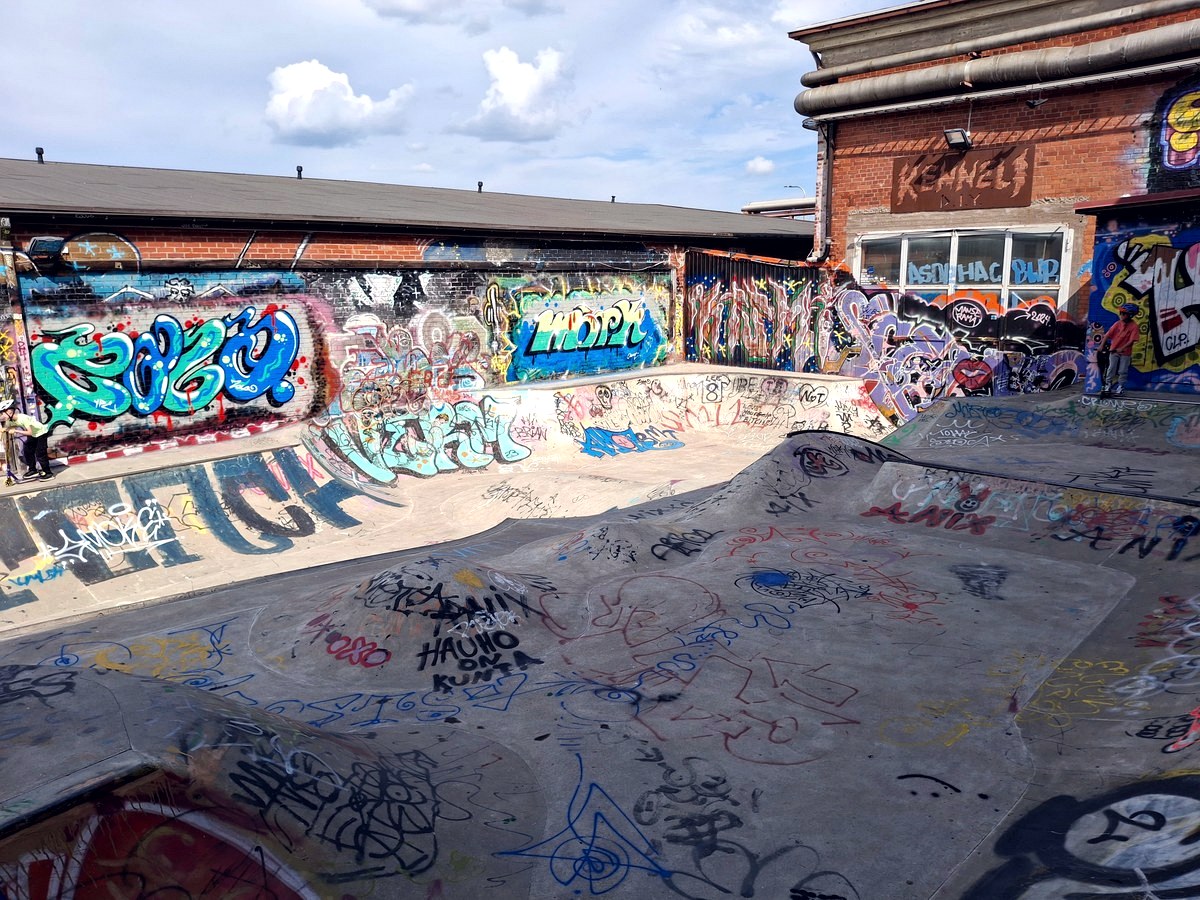 Bowl en béton d'un skatepark DIY couvert de graffitis, terrain typique d'une reprise du skate à 30 ans